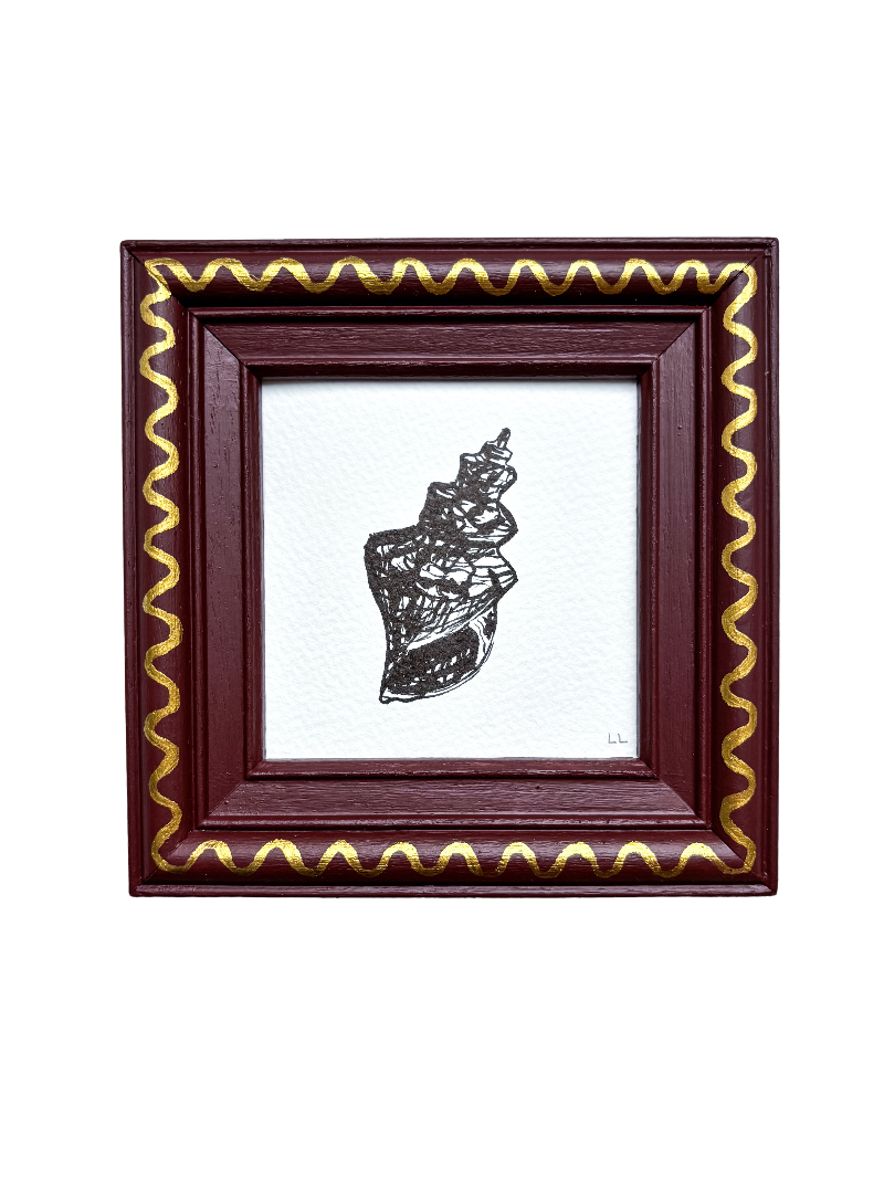 SHELL ORIGINAL INK ARTWORK IN A HAND PAINTED BURGUNDY AND GOLD PRELOVED FRAME