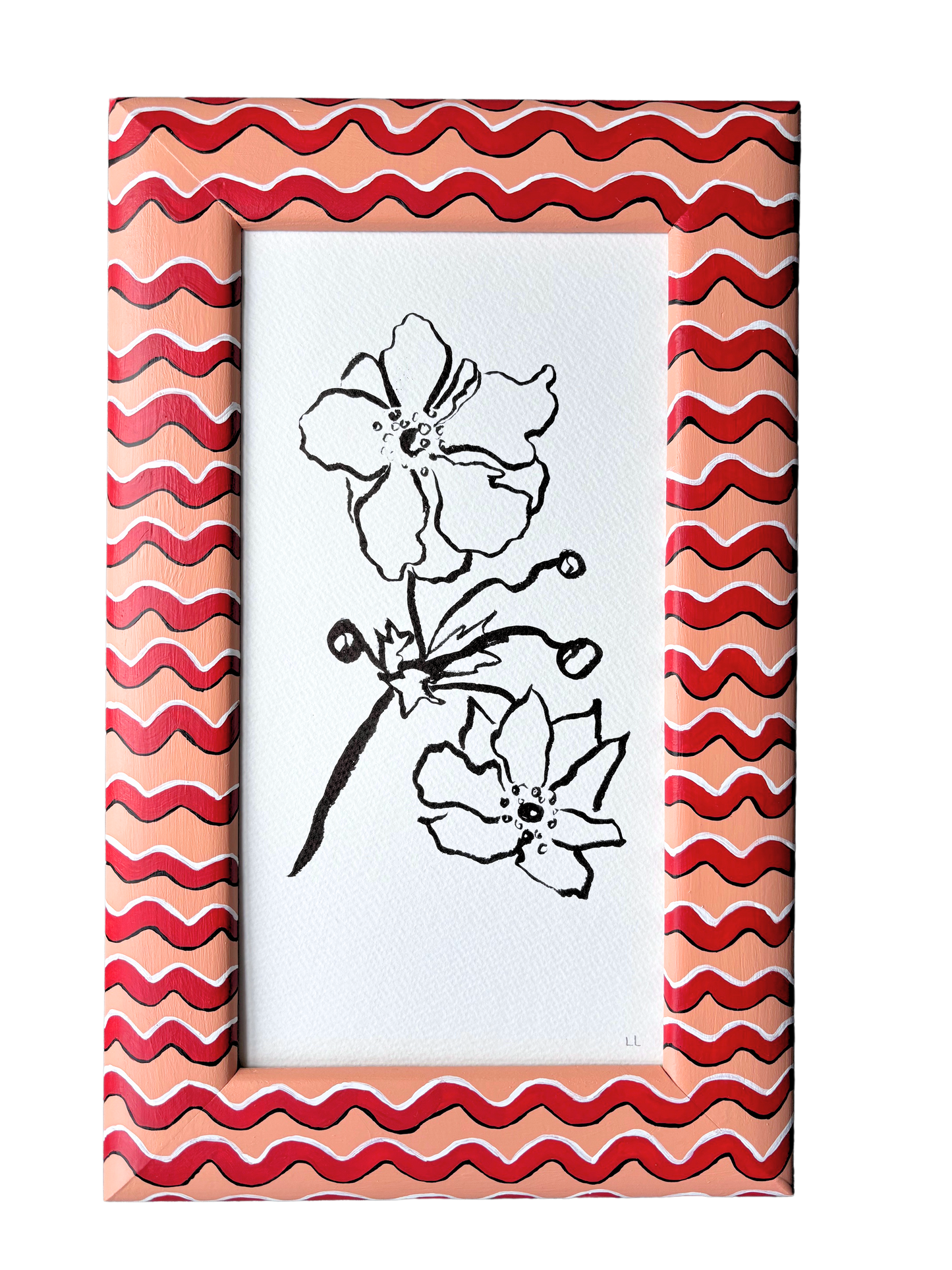 JAPANESE ANEMONE ORIGINAL INK DRAWING IN HAND PAINTED FRAME