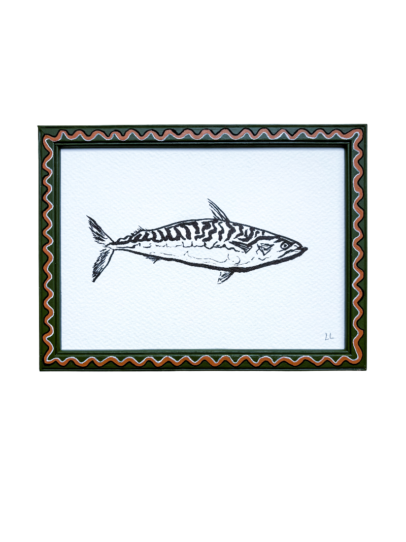 FISH ORIGINAL INK ARTWORK IN A HAND PAINTED GREEN AND TAN PRELOVED FRAME
