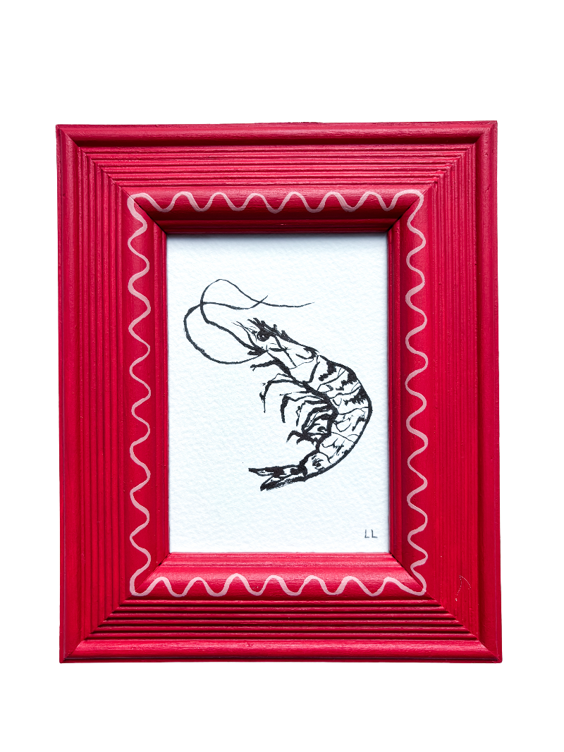 PRAWN ORIGINAL INK ARTWORK IN A HAND PAINTED RED AND PINK FRAME