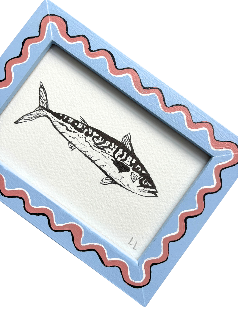 MACKEREL ORIGINAL INK ARTWORK IN A HAND PAINTED BLUE AND PINK FRAME