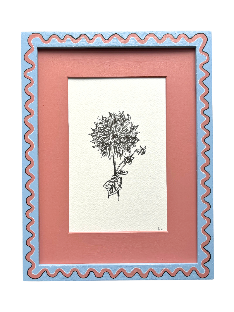 DAHLIA ORIGINAL INK ARTWORK IN A HAND PAINTED BLUE AND PINK FRAME WITH A PINK MOUNT