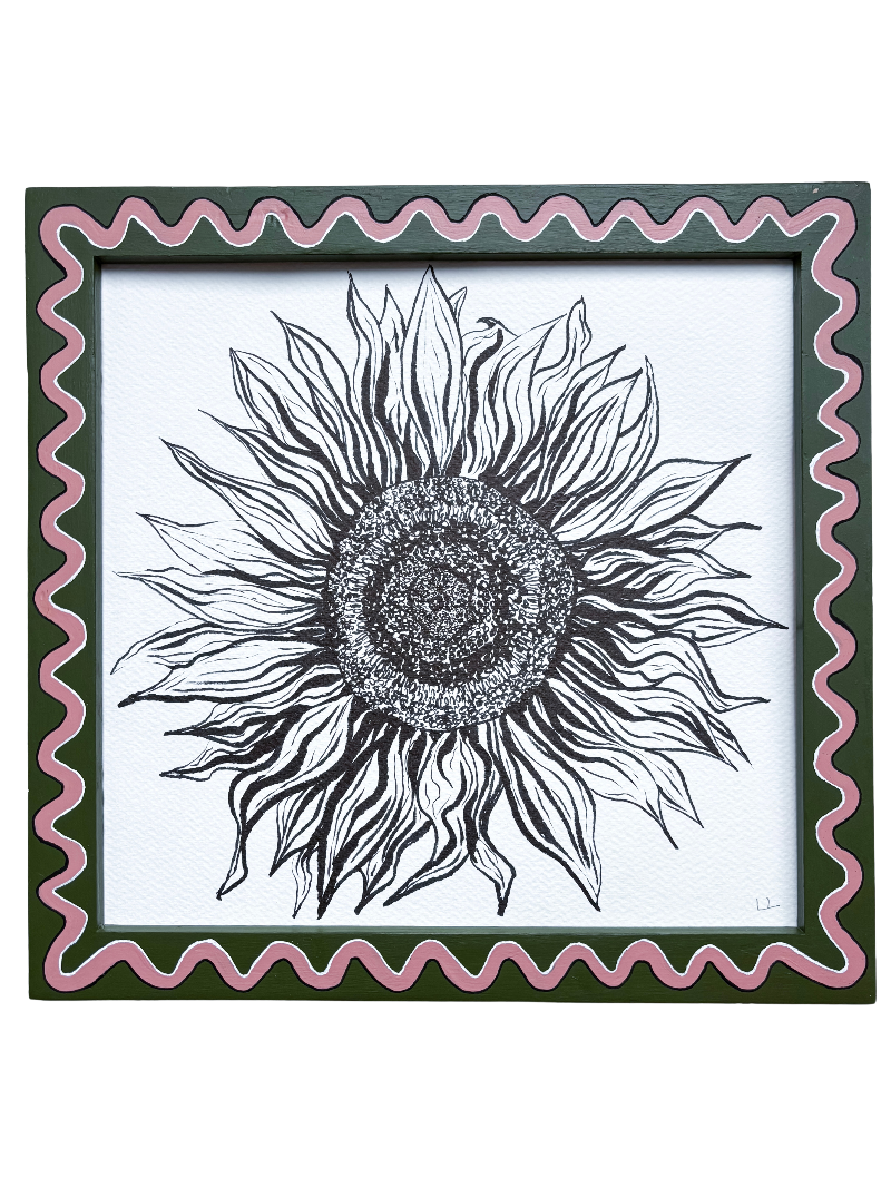 SUNFLOWER ORIGINAL INK ARTWORK IN A HAND PAINTED GREEN AND PINK PRELOVED FRAME