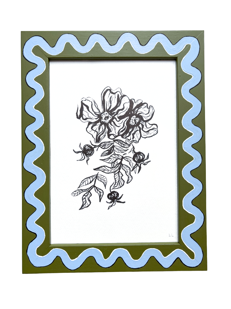 ROSA RUGOSA ORIGINAL INK ARTWORK IN A HAND PAINTED GREEN AND BLUE PRELOVED FRAME