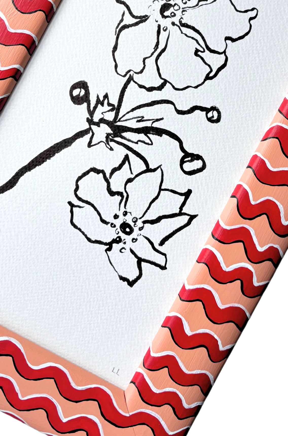 JAPANESE ANEMONE ORIGINAL INK DRAWING IN HAND PAINTED FRAME