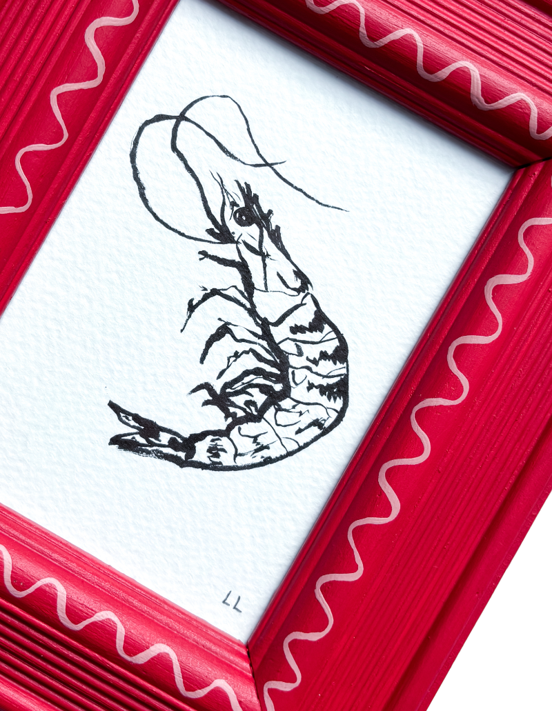 PRAWN ORIGINAL INK ARTWORK IN A HAND PAINTED RED AND PINK FRAME