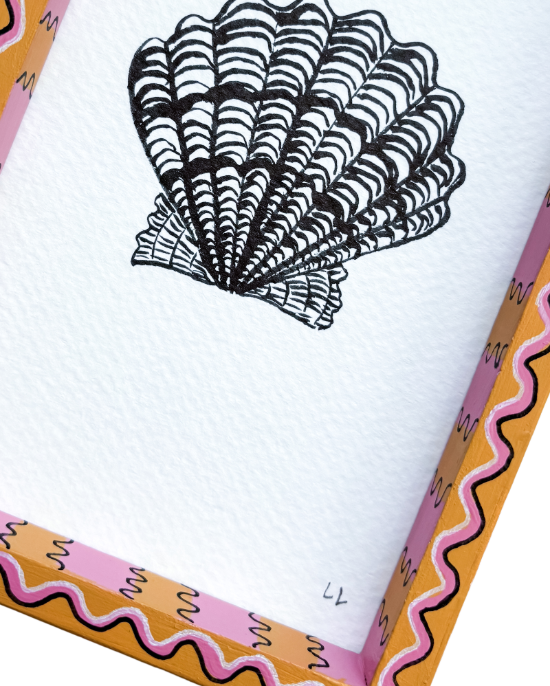 SCALLOP SHELL ORIGINAL INK ARTWORK IN A HAND PAINTED YELLOW AND PINK PRELOVED FRAME