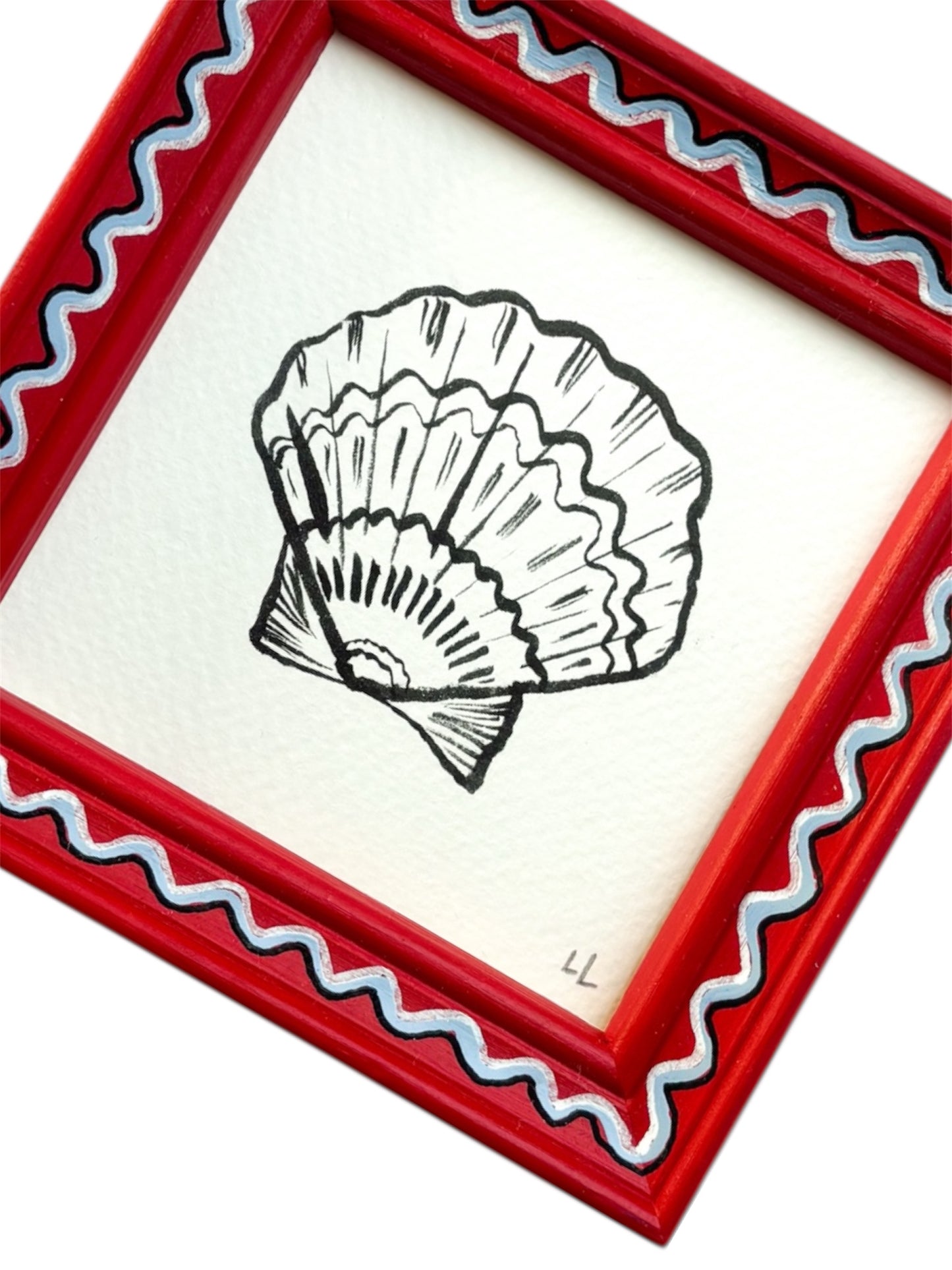 SMALL SCALLOP ORIGINAL INK ARTWORK IN A HAND PAINTED RED AND BLUE WIGGLE FRAME