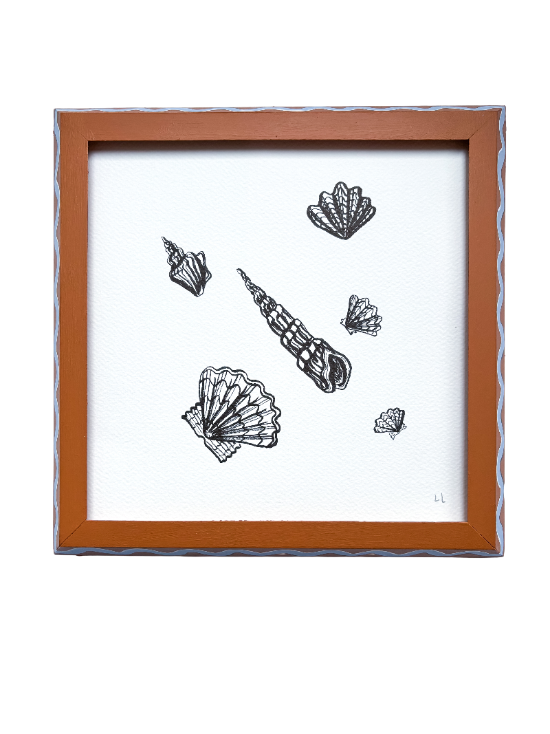 SCATTERED SHELLS ORIGINAL INK ARTWORK IN A HAND PAINTED TAN AND BLUE PRELOVED FRAME