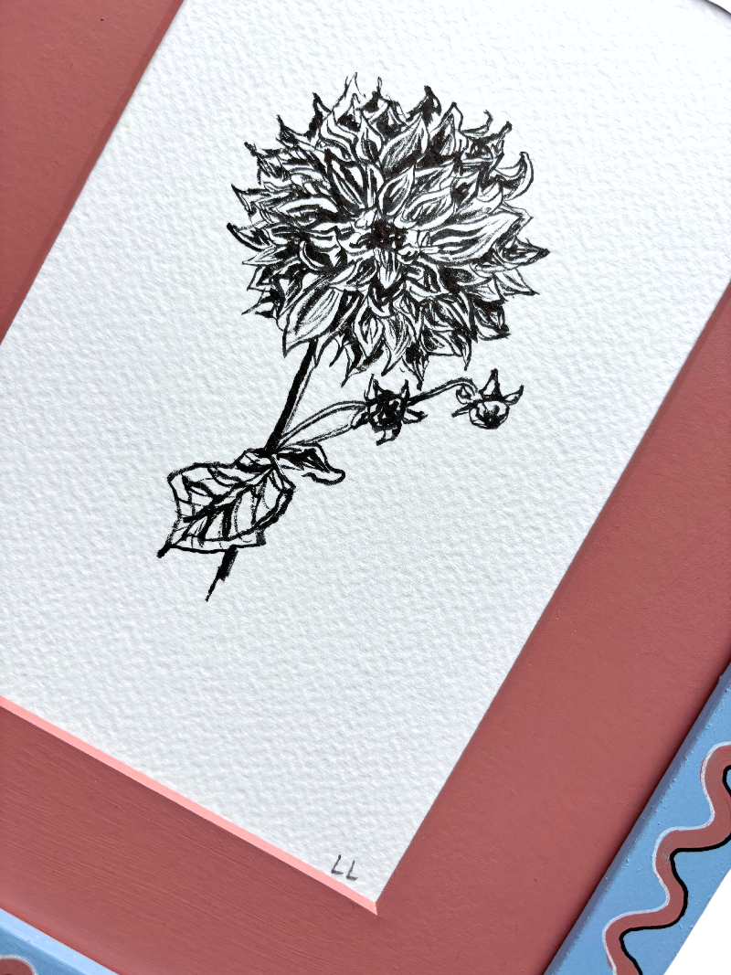 DAHLIA ORIGINAL INK ARTWORK IN A HAND PAINTED BLUE AND PINK FRAME WITH A PINK MOUNT