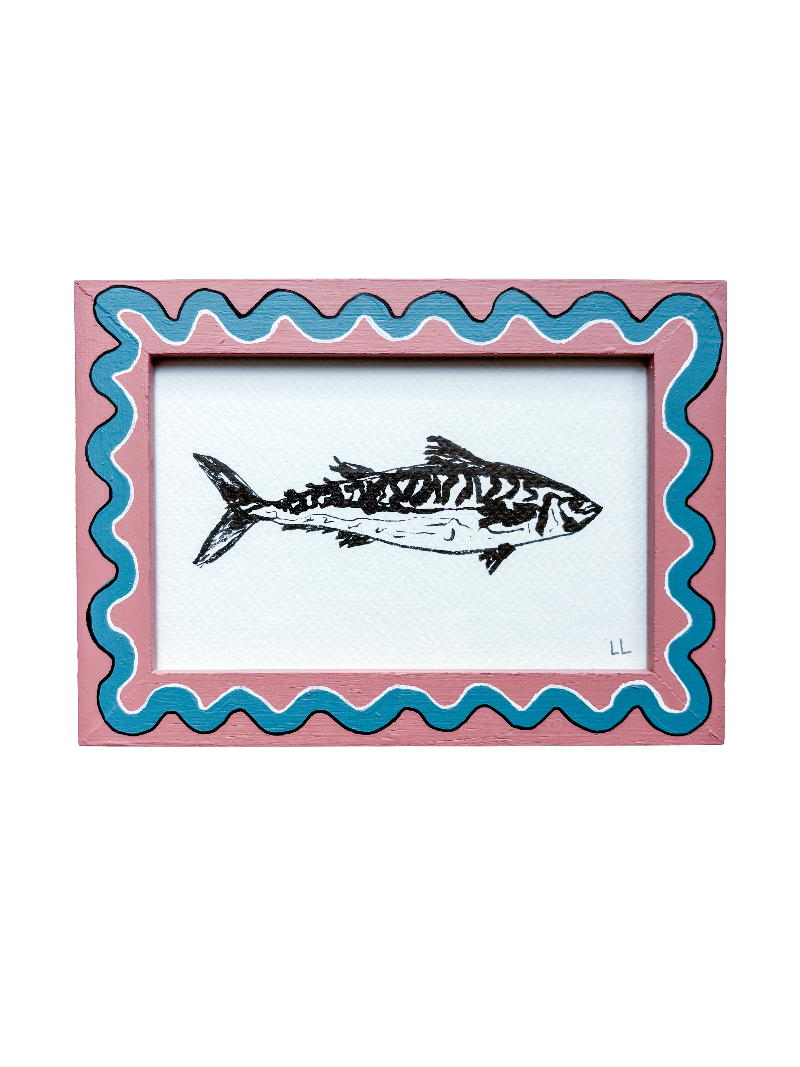 FISH ORIGINAL INK ARTWORK IN A HAND PAINTED PINK AND BLUE PRELOVED FRAME