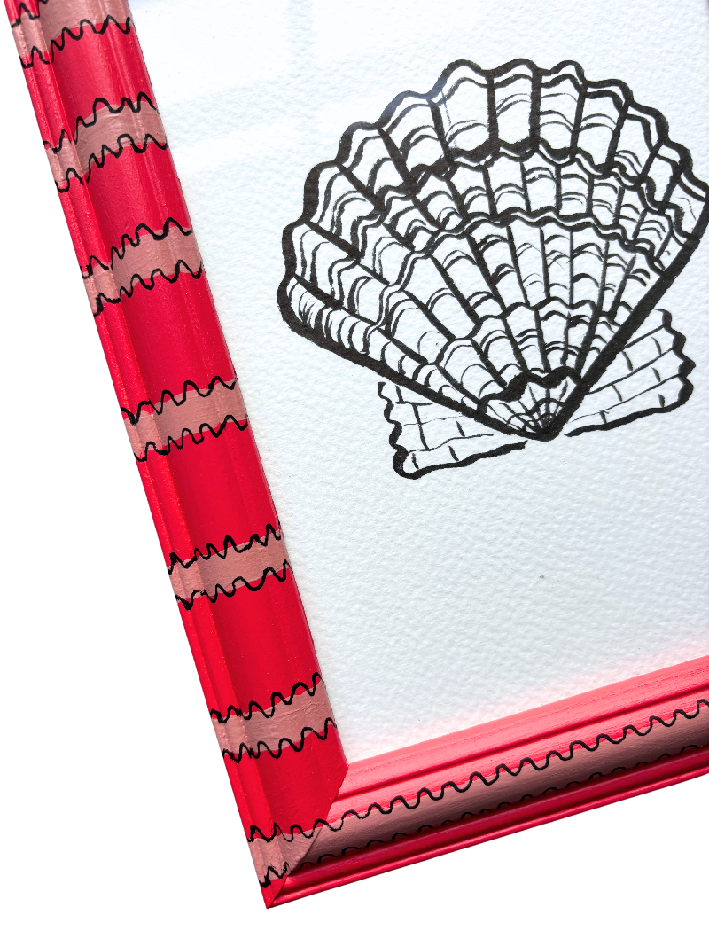 SCALLOP SHELL ORIGINAL INK ARTWORK IN A HAND PAINTED RED AND PINK FRAME