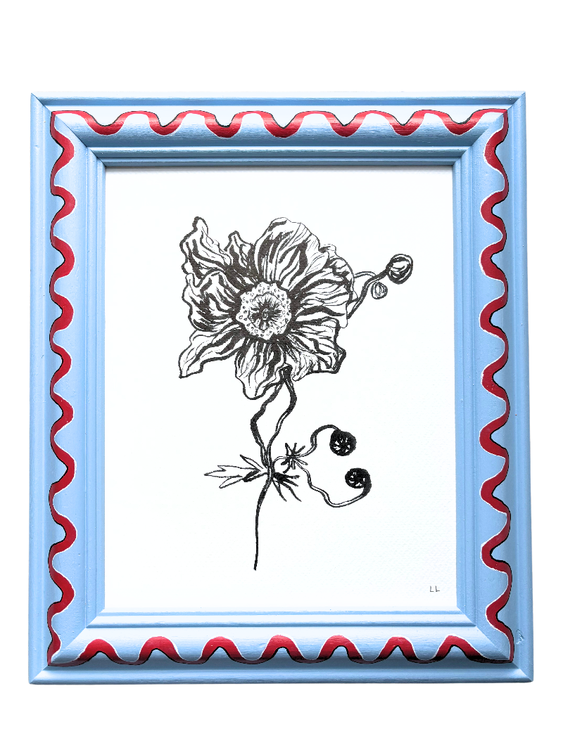 JAPANESE ANEMONE ORIGINAL INK ARTWORK IN A HAND PAINTED BLUE AND RED FRAME