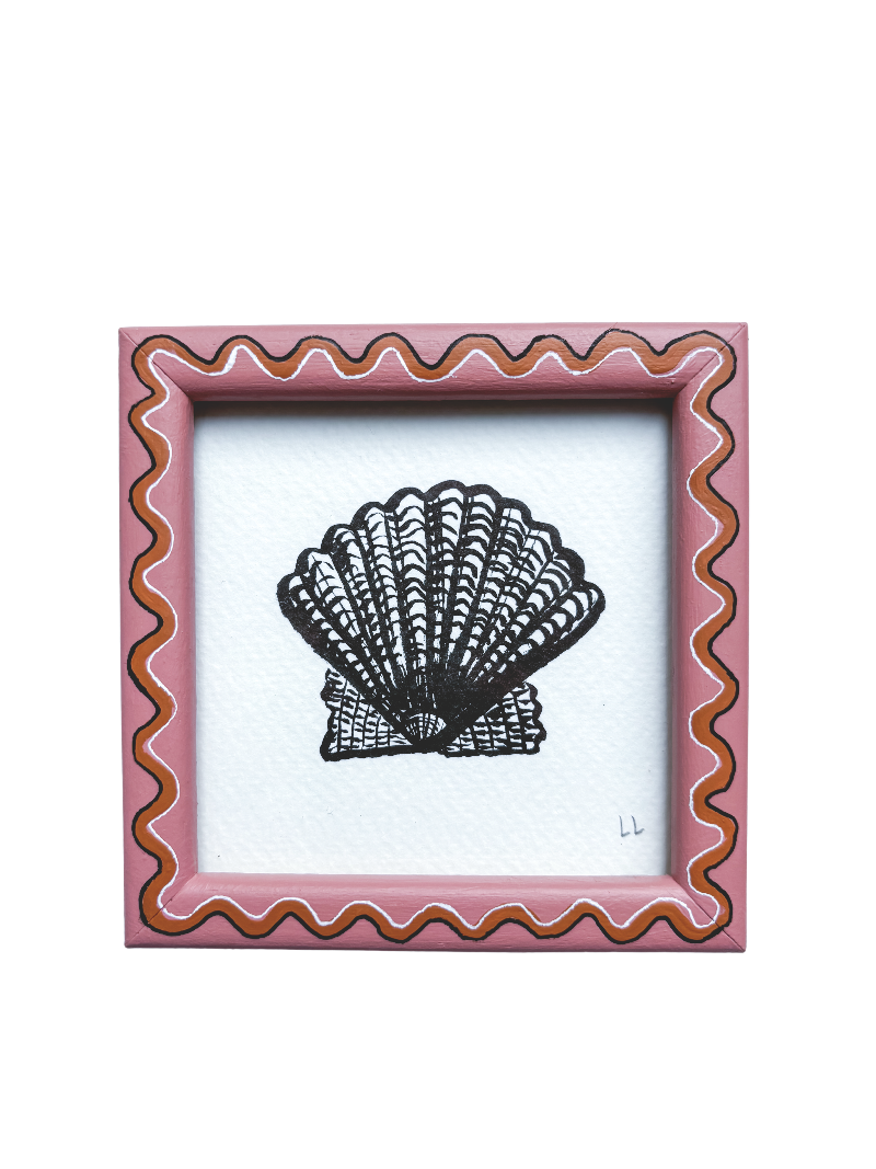 MINI SCALLOP ORIGINAL INK ARTWORK IN A HAND PAINTED PINK AND TAN WIGGLE FRAME