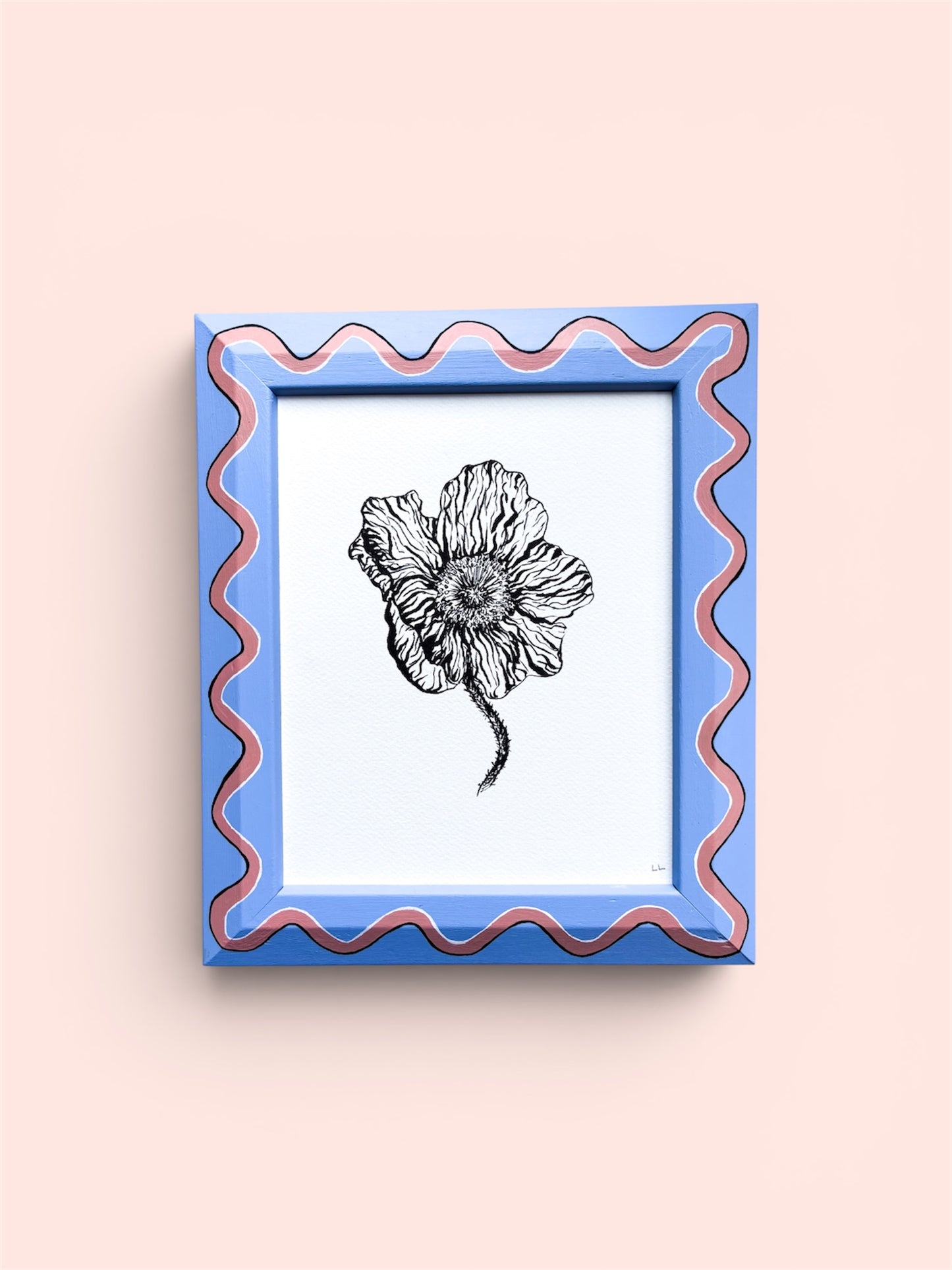POPPY ORIGINAL INK ARTWORK IN A HAND PAINTED BLUE AND PINK WIGGLE PRELOVED FRAME