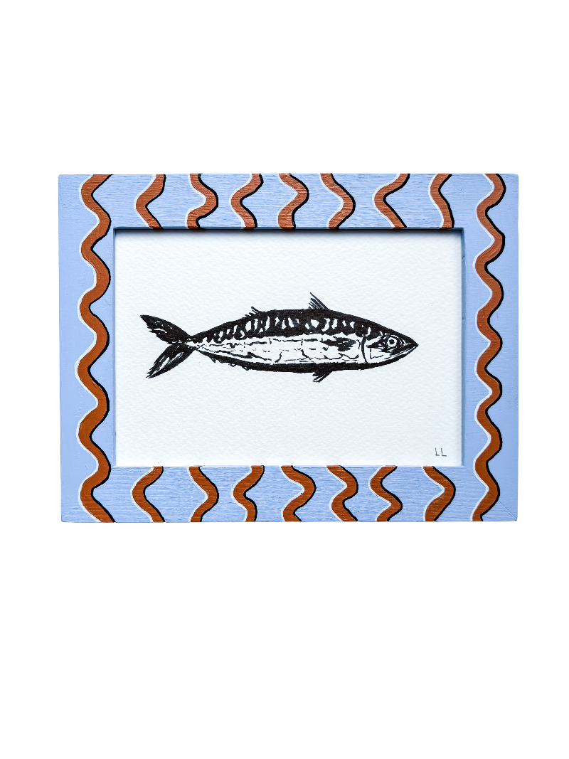 FISH ORIGINAL INK ARTWORK IN A HAND PAINTED BLUE AND TAN PRELOVED FRAME