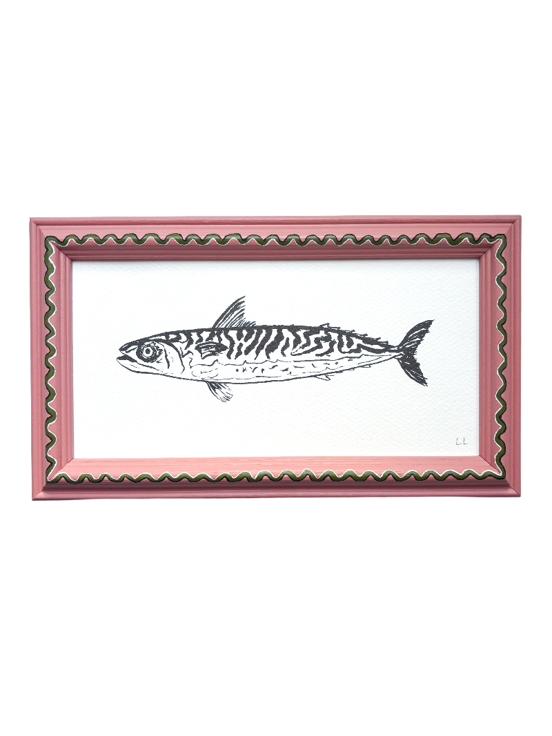 FISH ORIGINAL INK ARTWORK IN A HAND PAINTED PINK AND GREEN PRELOVED FRAME