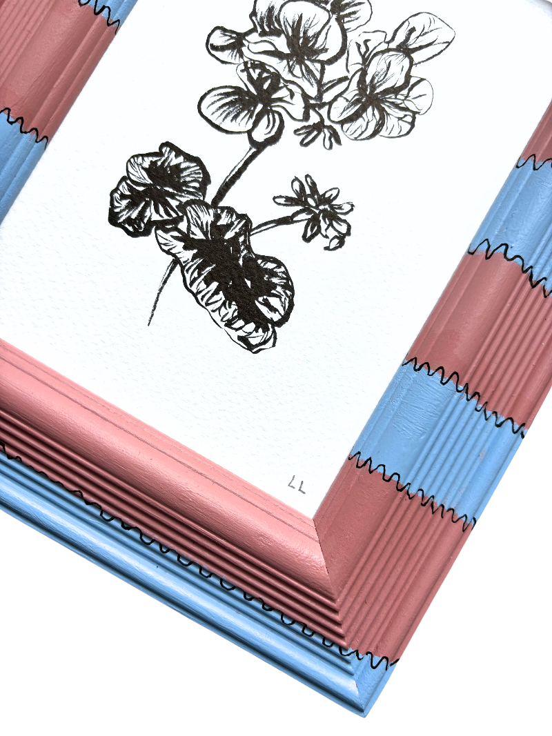 GERANIUM ORIGINAL INK ARTWORK IN A HAND PAINTED PINK AND BLUE FRAME