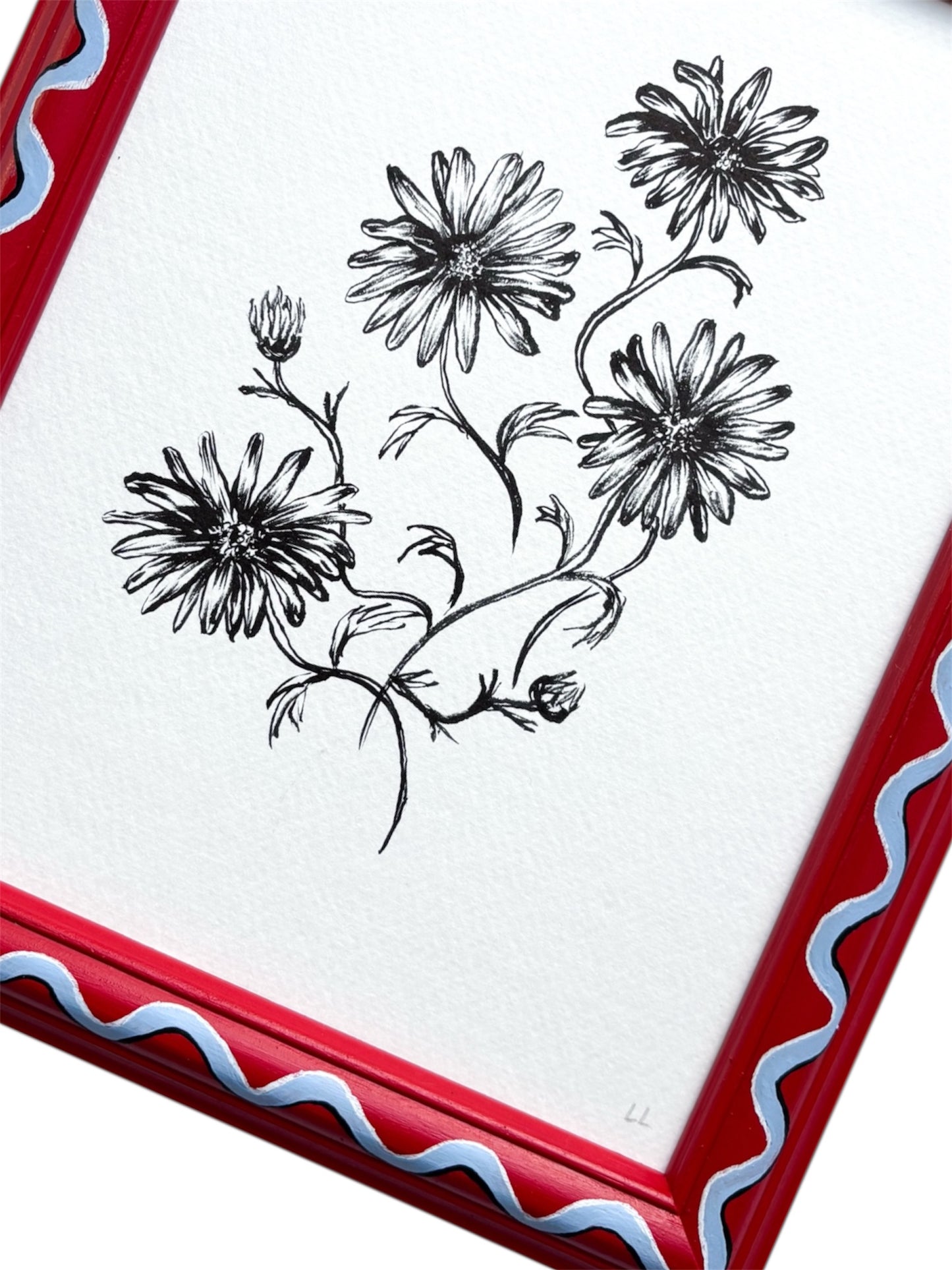 DAISY ORIGINAL INK ARTWORK IN A HAND PAINTED RED AND BLUE WIGGLE PRELOVED FRAME