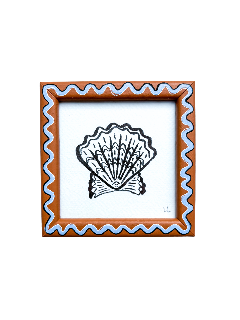 MINI SCALLOP ORIGINAL INK ARTWORK IN A HAND PAINTED TAN AND BLUE WIGGLE FRAME