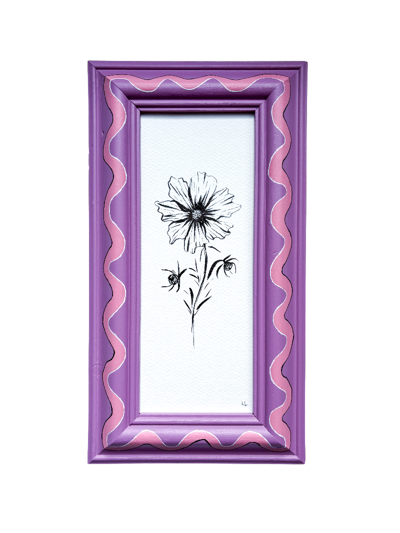 COSMOS ORIGINAL INK ARTWORK IN A HAND PAINTED PURPLE AND PINK PRELOVED FRAME
