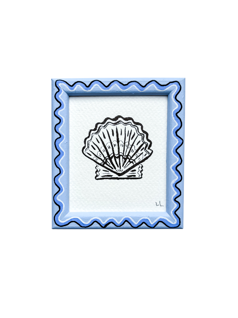 MINI SCALLOP ORIGINAL INK ARTWORK IN A HAND PAINTED BLUE WIGGLE FRAME