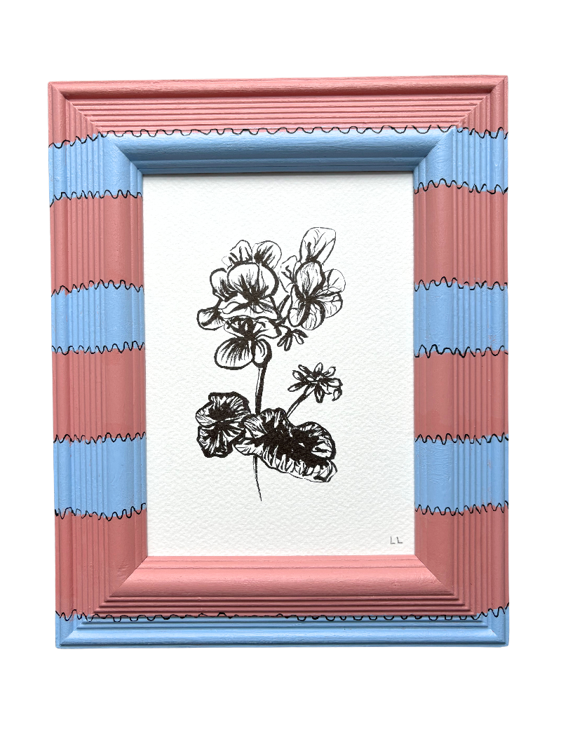 GERANIUM ORIGINAL INK ARTWORK IN A HAND PAINTED PINK AND BLUE FRAME