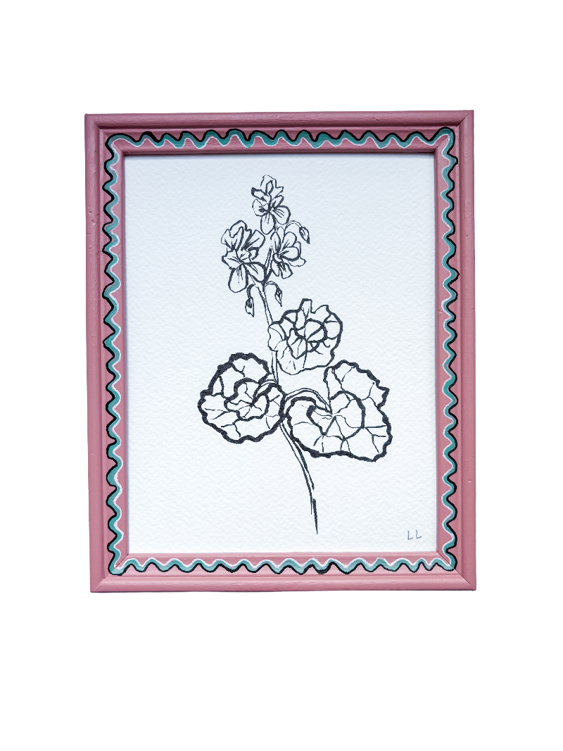 GERANIUM ORIGINAL INK ARTWORK IN A HAND PAINTED PINK AND AQUA FRAME