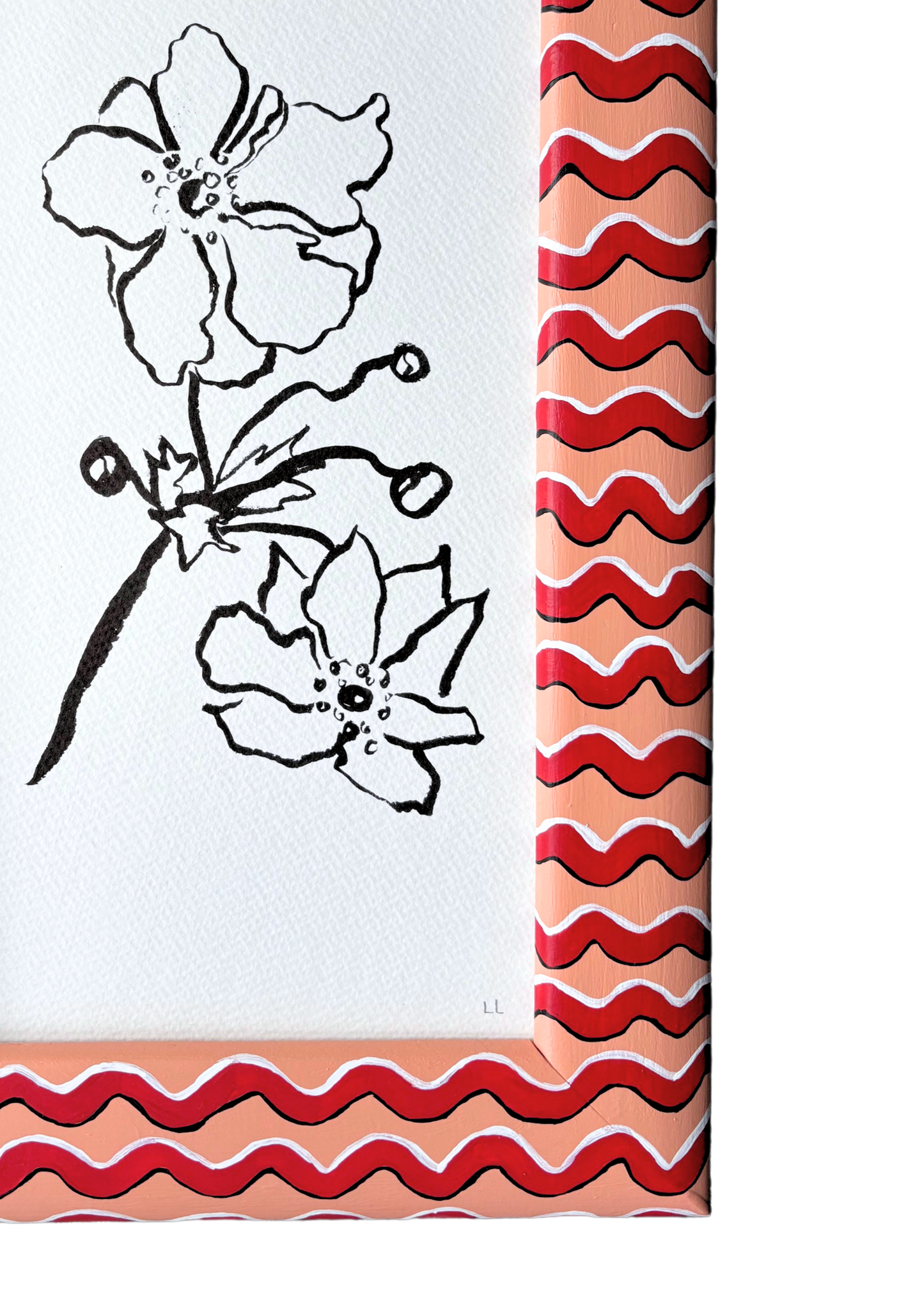 JAPANESE ANEMONE ORIGINAL INK DRAWING IN HAND PAINTED FRAME