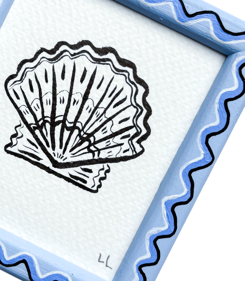 MINI SCALLOP ORIGINAL INK ARTWORK IN A HAND PAINTED BLUE WIGGLE FRAME