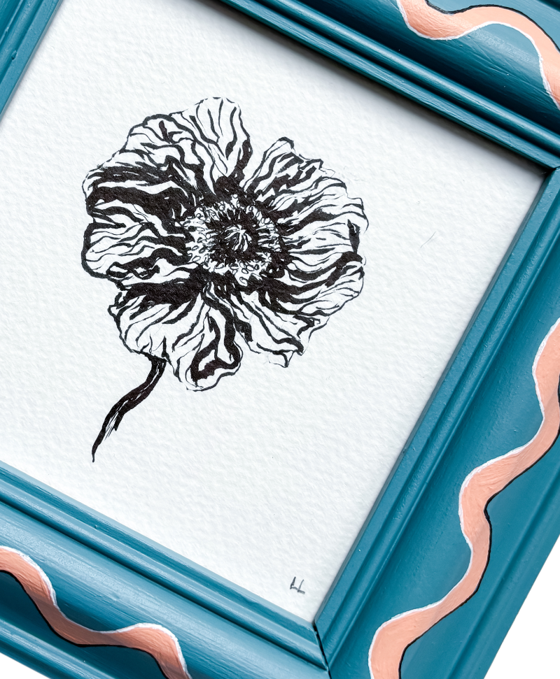 ICELANDIC POPPY ORIGINAL INK ARTWORK IN A HAND PAINTED BLUE AND PINK PRELOVED FRAME