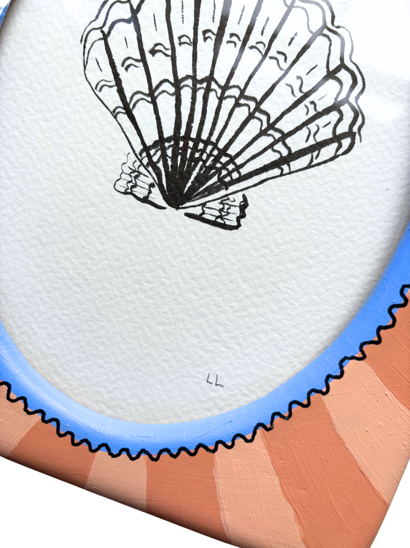 SCALLOP ORIGINAL INK ARTWORK IN A HAND PAINTED OVAL PINK AND BLUE FRAME