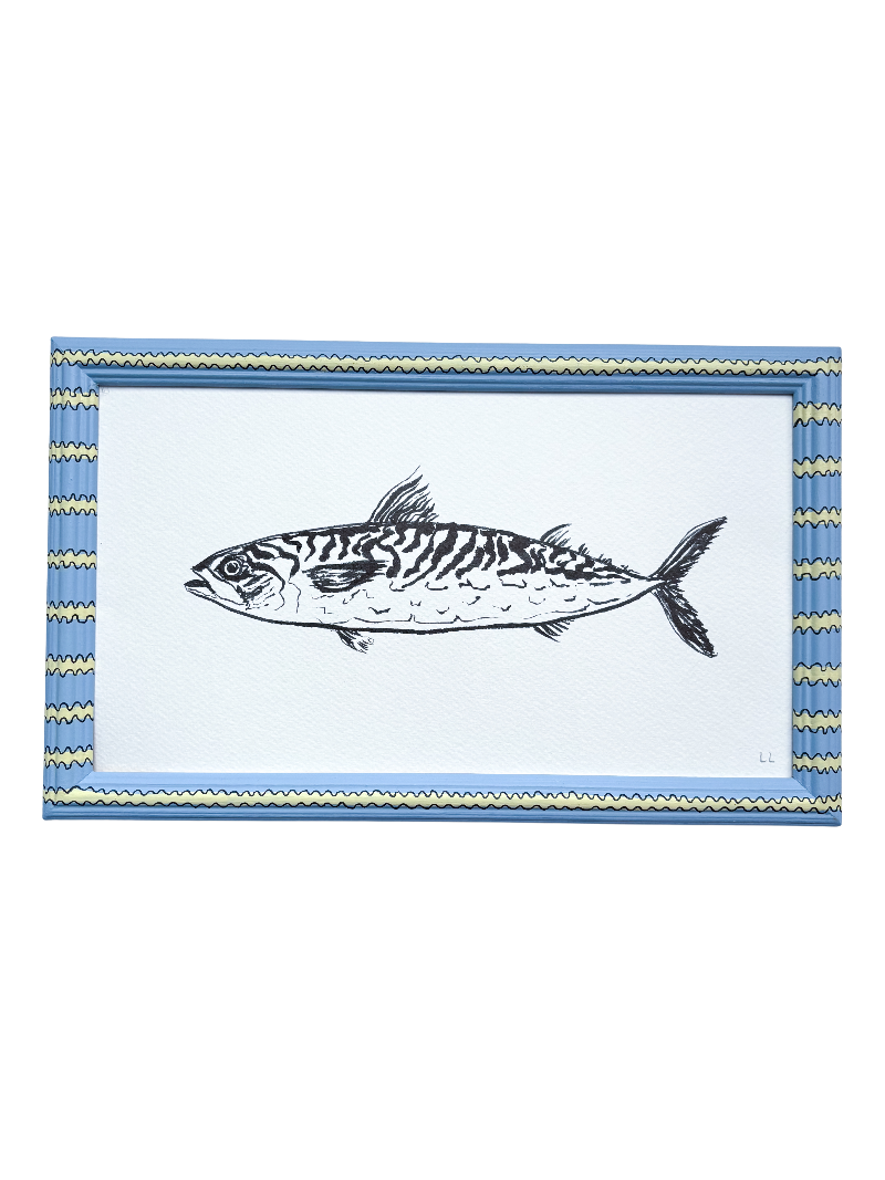 FISH ORIGINAL INK ARTWORK IN A HAND PAINTED BLUE AND YELLOW PRELOVED FRAME