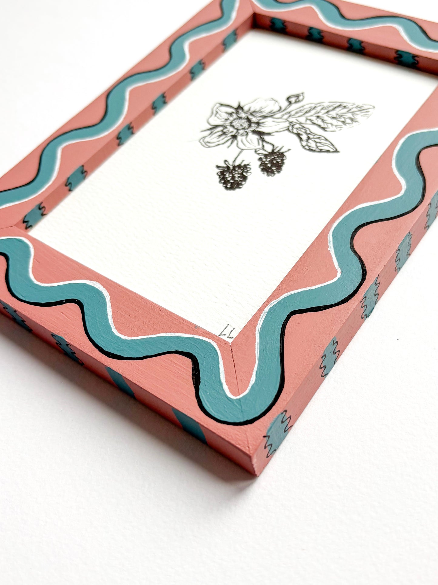 BLACKBERRY ORIGINAL INK ARTWORK IN A HAND PAINTED PINK AND BLUE WIGGLE AND STRIPED PRELOVED FRAME