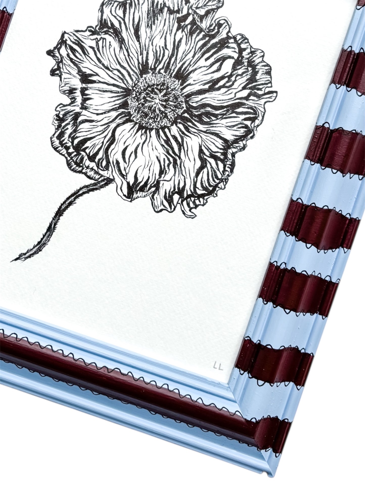 ICELANDIC POPPY ORIGINAL INK ARTWORK IN A HAND PAINTED BLUE AND BURGUNDY STRIPE PRELOVED FRAME