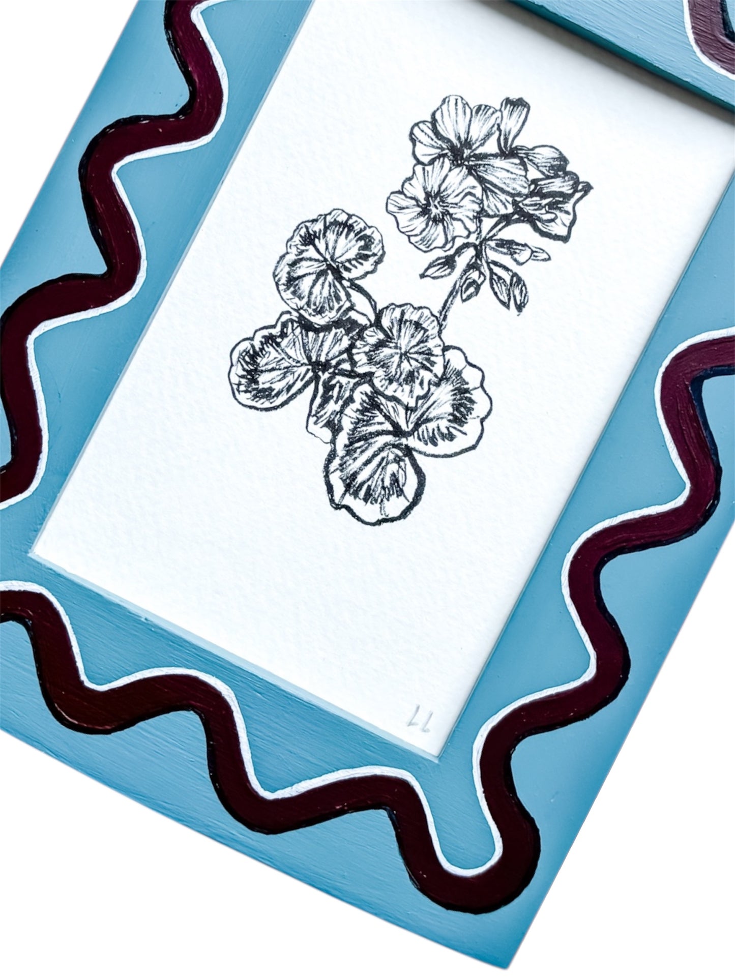 GERANIUM ORIGINAL INK ARTWORK IN A HAND PAINTED BLUE AND BURGUNDY WIGGLE PRELOVED FRAME