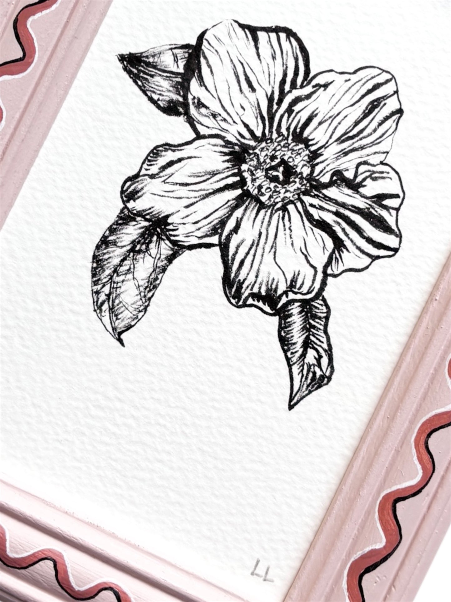 CAMELLIA ORIGINAL INK ARTWORK IN A HAND PAINTED LIGHT PINK AND DARK PINK WIGGLE PRELOVED FRAME