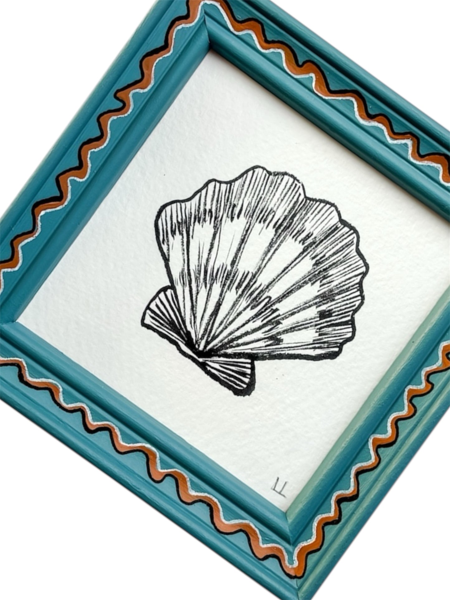 SMALL SCALLOP ORIGINAL INK ARTWORK IN A HAND PAINTED BLUE AND MUSTARD WIGGLE FRAME