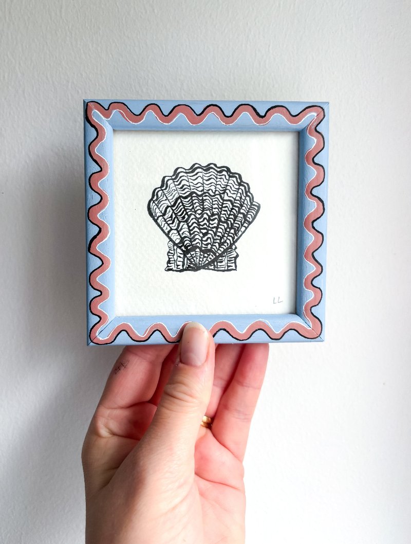 MINI SCALLOP ORIGINAL INK ARTWORK IN A HAND PAINTED BLUE AND PINK WIGGLE FRAME