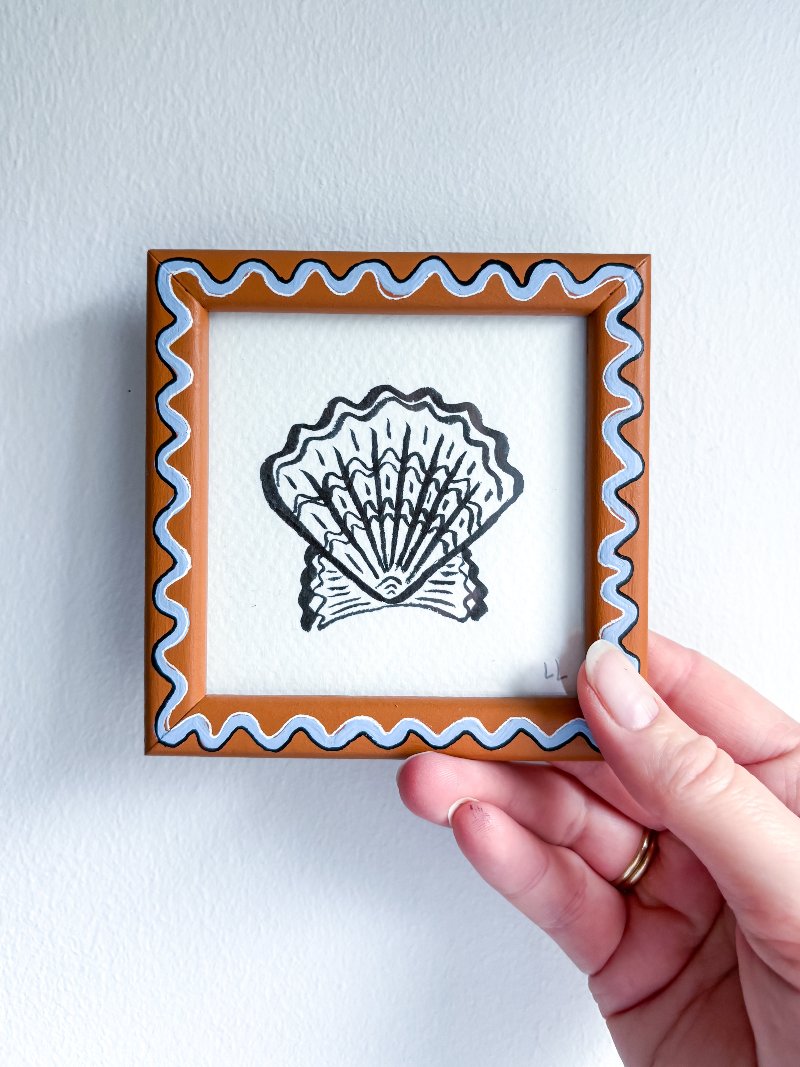 MINI SCALLOP ORIGINAL INK ARTWORK IN A HAND PAINTED TAN AND BLUE WIGGLE FRAME
