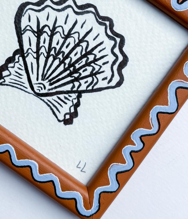 MINI SCALLOP ORIGINAL INK ARTWORK IN A HAND PAINTED TAN AND BLUE WIGGLE FRAME