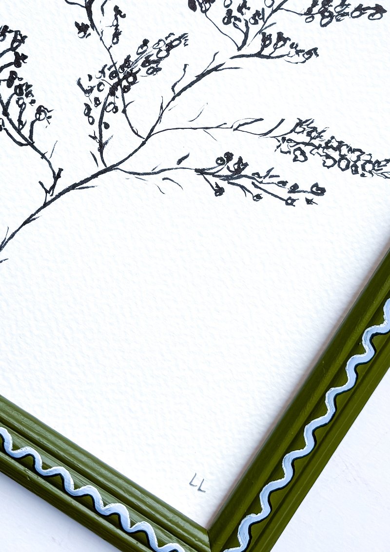 WILDFLOWER ORIGINAL INK ARTWORK IN A HAND PAINTED GREEN AND BLUE FRAME