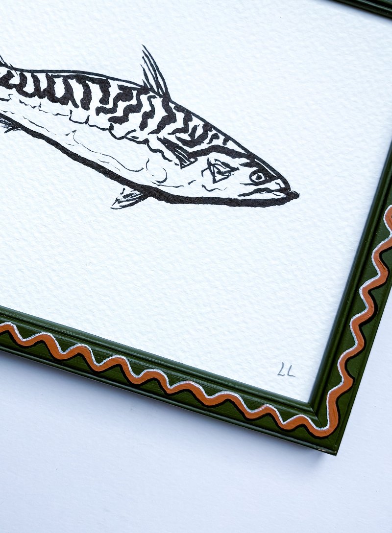 FISH ORIGINAL INK ARTWORK IN A HAND PAINTED GREEN AND TAN PRELOVED FRAME