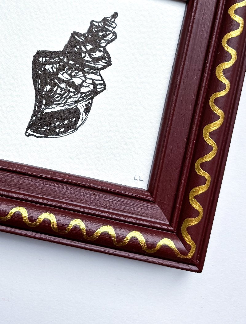 SHELL ORIGINAL INK ARTWORK IN A HAND PAINTED BURGUNDY AND GOLD PRELOVED FRAME