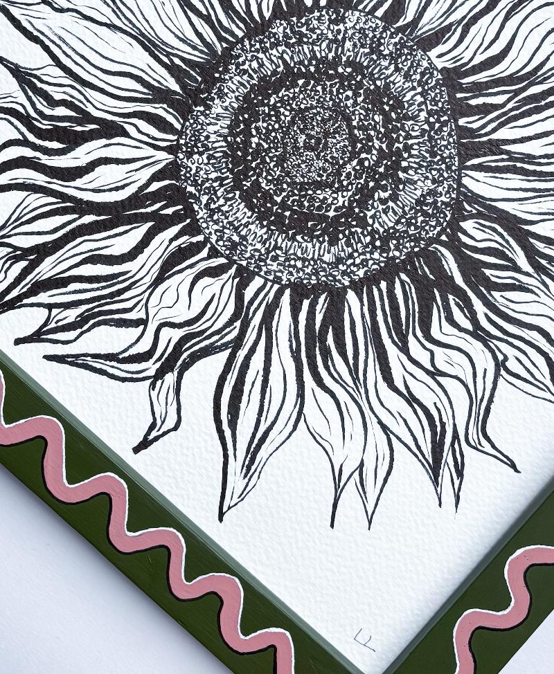 SUNFLOWER ORIGINAL INK ARTWORK IN A HAND PAINTED GREEN AND PINK PRELOVED FRAME