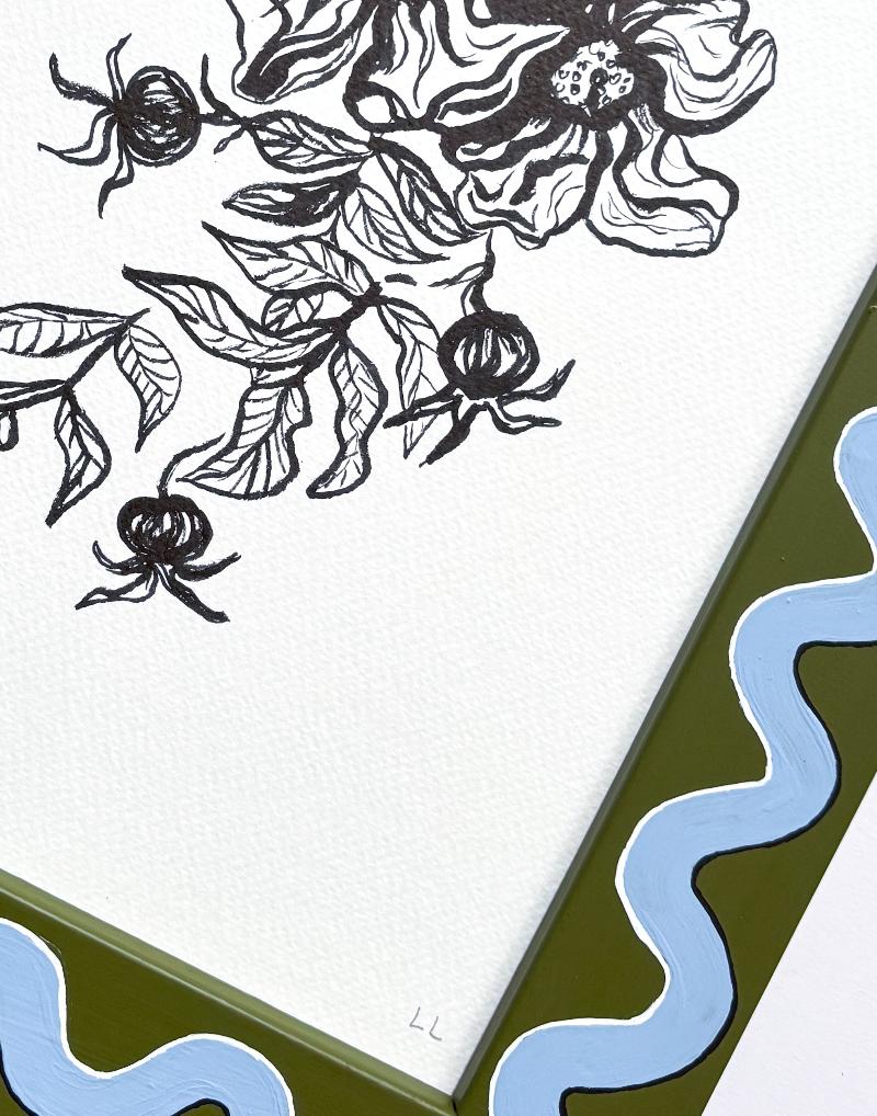 ROSA RUGOSA ORIGINAL INK ARTWORK IN A HAND PAINTED GREEN AND BLUE PRELOVED FRAME