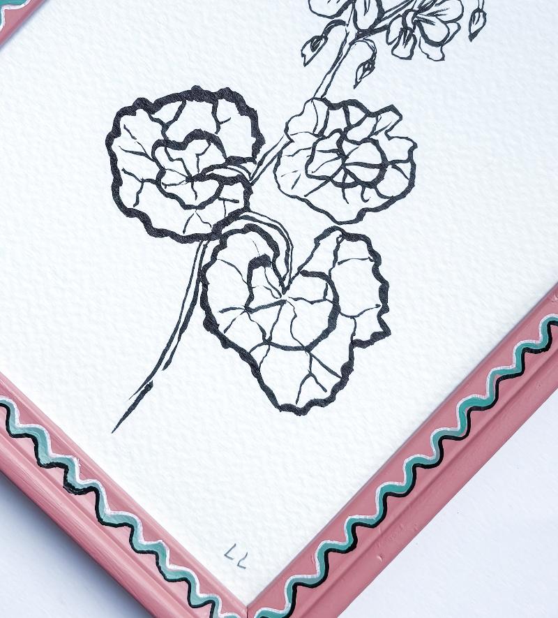 GERANIUM ORIGINAL INK ARTWORK IN A HAND PAINTED PINK AND AQUA FRAME