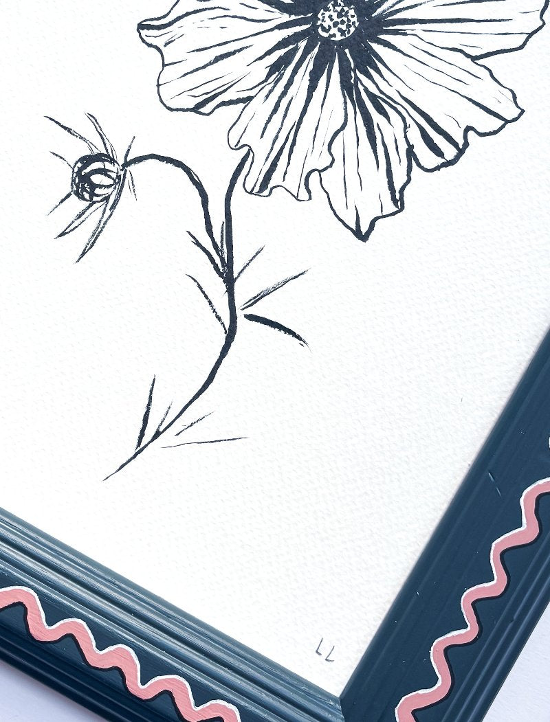 LARGE COSMOS ORIGINAL INK ARTWORK IN A HAND PAINTED NAVY BLUE AND PINK FRAME