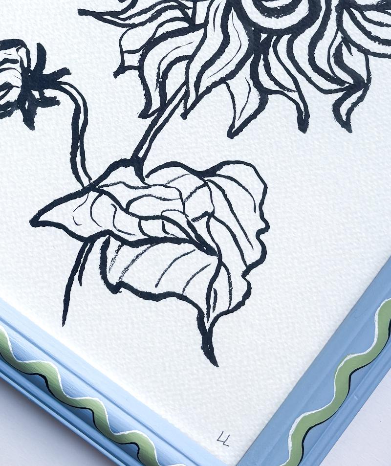 LARGE DAHLIA ORIGINAL INK ARTWORK IN A HAND PAINTED BLUE AND GREEN FRAME