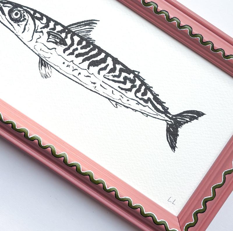 FISH ORIGINAL INK ARTWORK IN A HAND PAINTED PINK AND GREEN PRELOVED FRAME